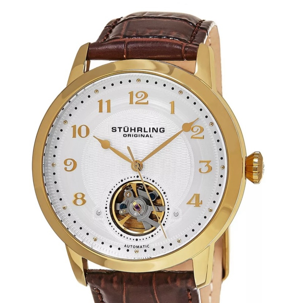 Stührling Original Mens Automatic Gold Tone Case, Open Heart Brown Leather Watch
